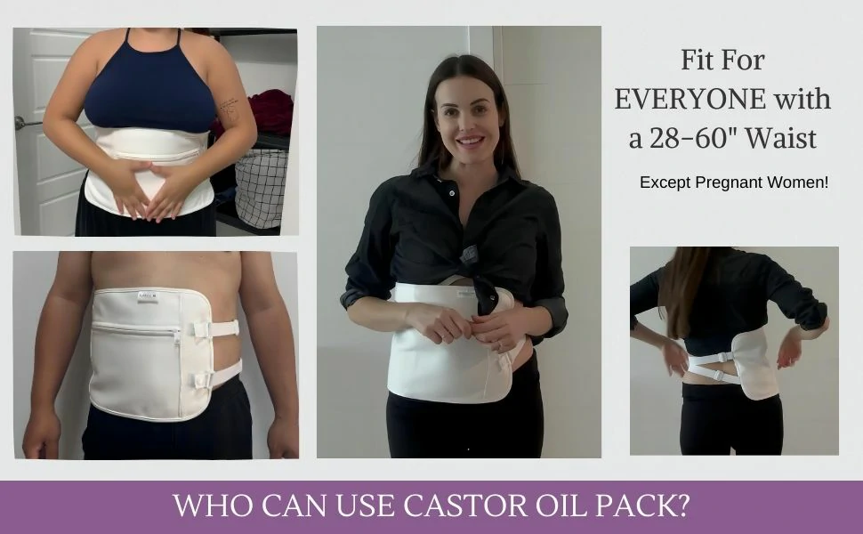 A fat man and 2 thin women wear castor oil packs, which are suitable for people with a waistline of 28 to 60 inches