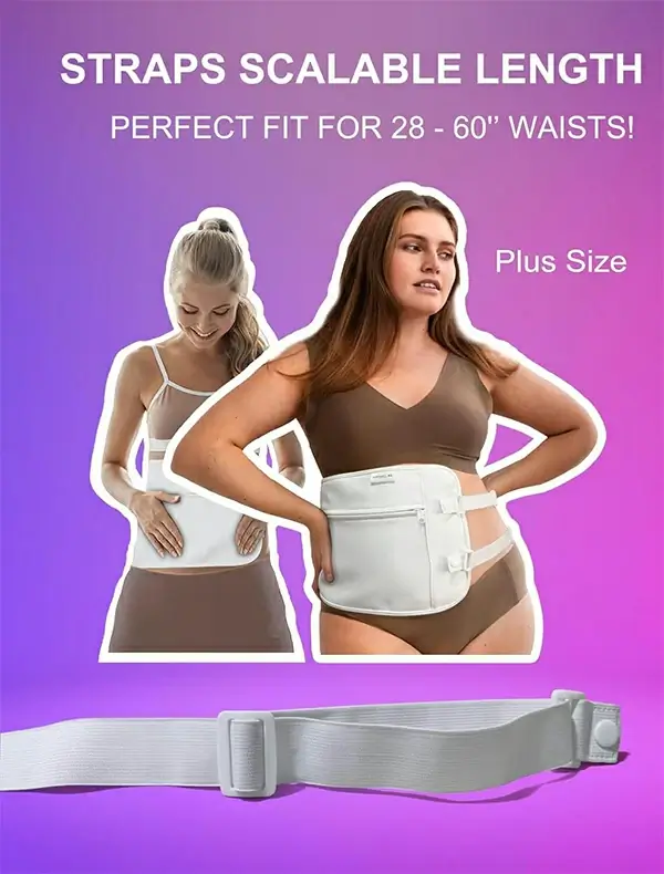 A plus-size woman and a thin woman wearing castor oil packs demonstrate the adjustable strap features of the castor oil packs from VERYWELL OIL, which fit people with waist sizes 28 to 60 inches
